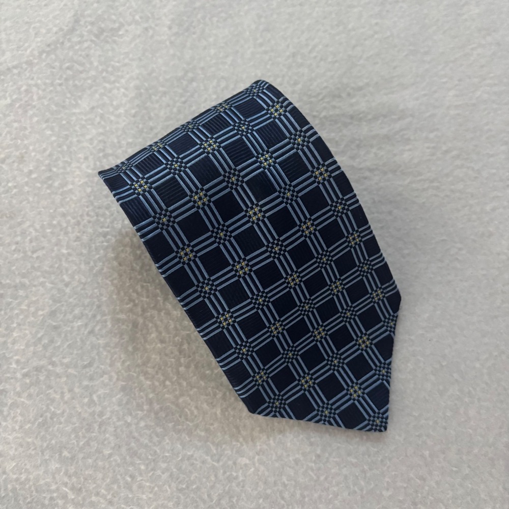 Jos. A. Bank Mens Navy Blue Geometric Grid Silk Necktie Made in Italy